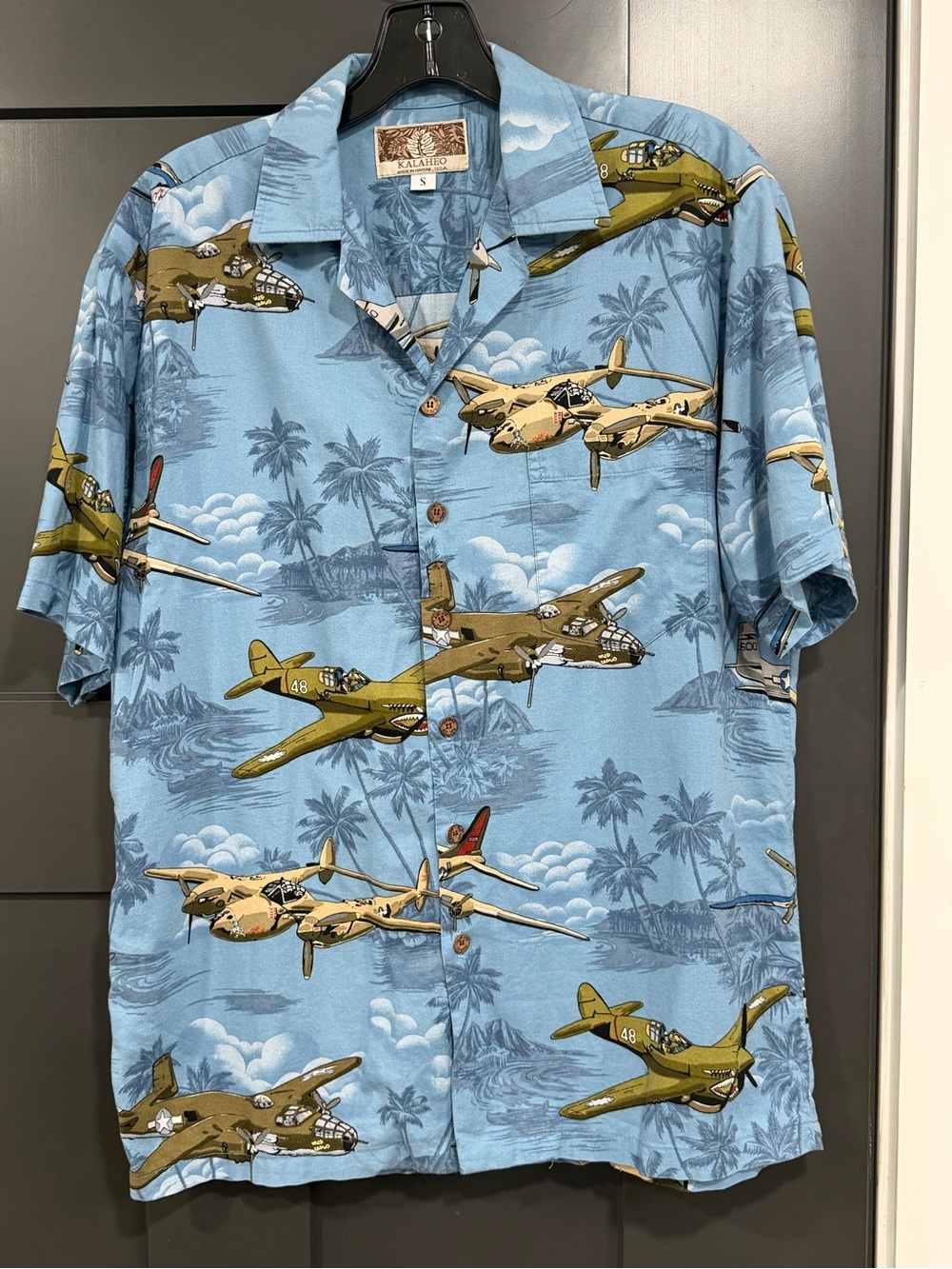 Kalaheo Vintage-Inspired Light Blue Aviation Print Men’s Camp Shirt